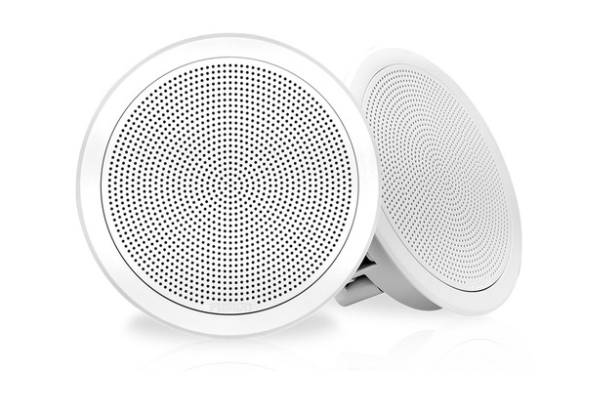 Fusion 010-02299-00 6.5in flush mount round white speakers 30w RMS, pair, angled front view