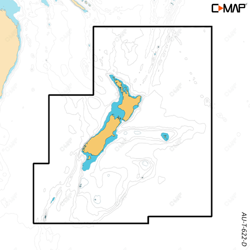 C-MAP Discover X chart coverage map M-AU-T-622-D-MS, outline around New Zealand's North and South Islands