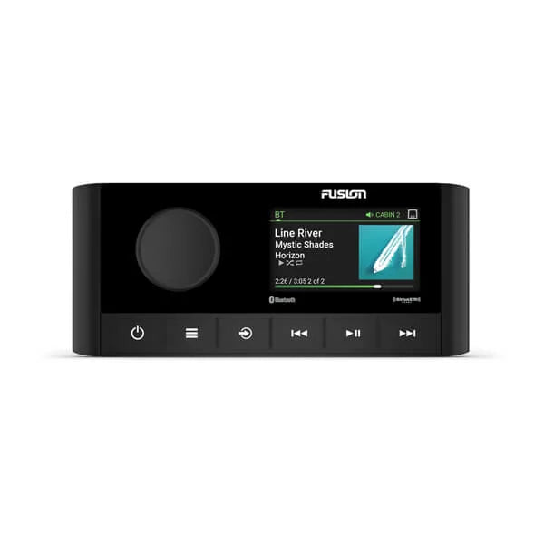 Fusion RA210 010-02250-00 marine stereo, front view of black unit with dial and display