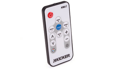Kicker KM Marine LED lighting remote, KAKMLC, slim grey remote with a red power button, arrows, blue centre key, Kicker logo