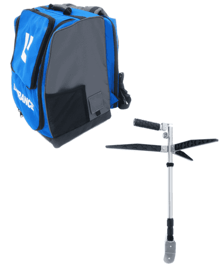 Navico 000-15954-001 Explorer Series ice bag and ice transducer pole, blue and grey bag beside a silver telescopic pole