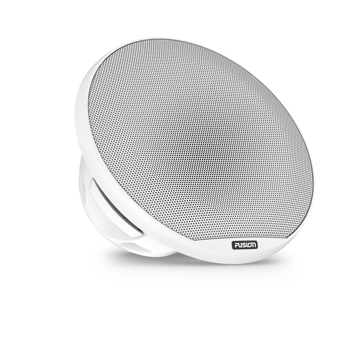 Fusion Signature Series 3i 010-02774-00 10in 600 watt classic white subwoofer, angled front view of white mesh grille