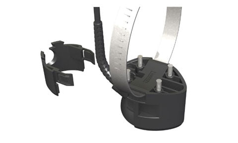 Raymarine A80363 CPT-S trolling motor mounting kit, black transducer in a black clip with a steel strap and studs