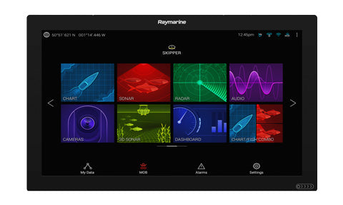 Raymarine E70515 Axiom XL 22 glass bridge MFD, front view of black display showing a home screen of coloured app tiles