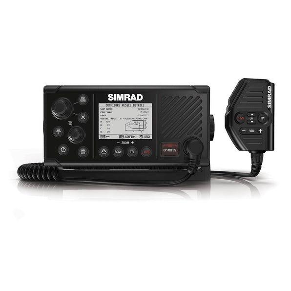 Simrad 000-14473-001 RS40-B VHF radio, black radio with a monochrome display and a coiled-lead handset