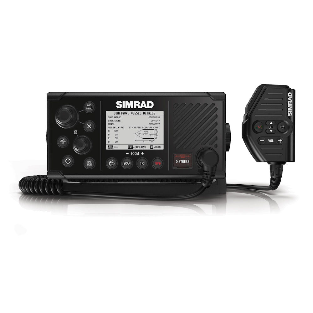 Simrad 000-14473-001 RS40-B VHF radio, black radio with a monochrome display and a coiled-lead handset