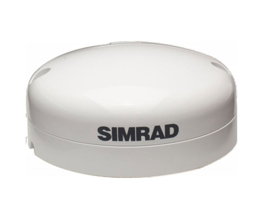 Simrad 000-11043-002 GS25 GPS antenna, white dome-shaped antenna with Simrad lettering on a short base