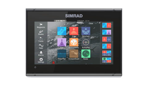Simrad GO9 XSE 000-14444-001 9-inch multifunction display, front view with home screen app icons