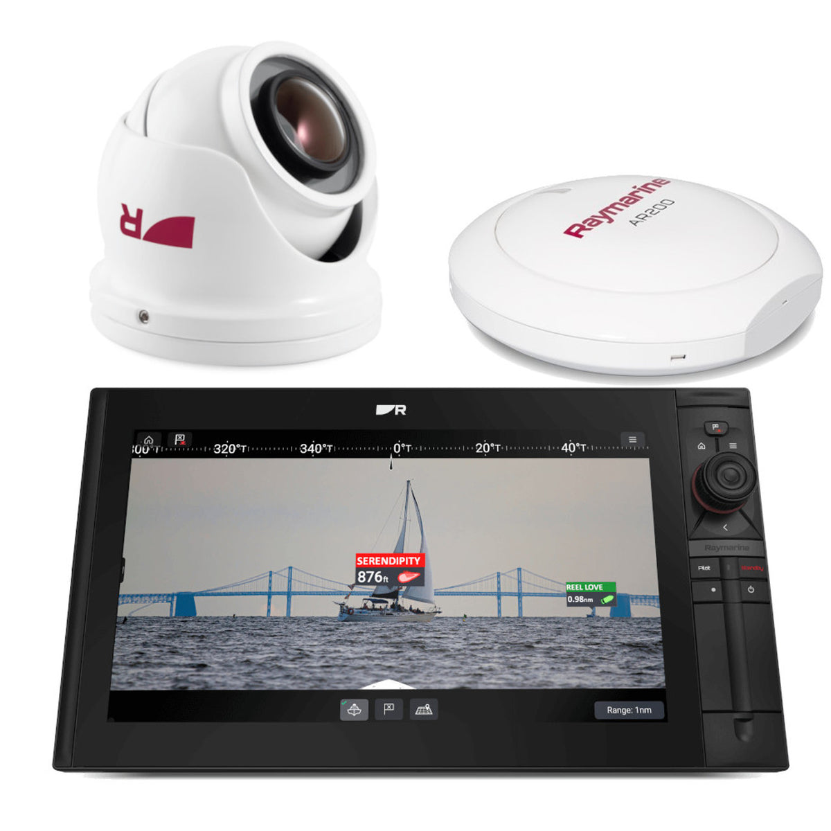 Raymarine T70581 CAM300 ClearCruise AR pack, white dome camera, AR200 unit and a display showing a yacht under a bridge