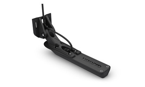 Garmin GT34UHD-TM 010-12776-00 transom transducer, black body with black bracket and cable, angled view