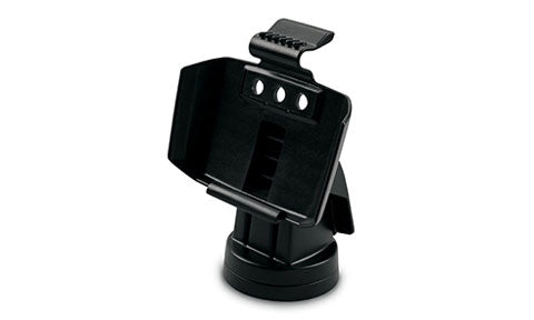 Garmin 010-11676-00 quick release mount with tilt and swivel, black cradle on a round swivel base, front view