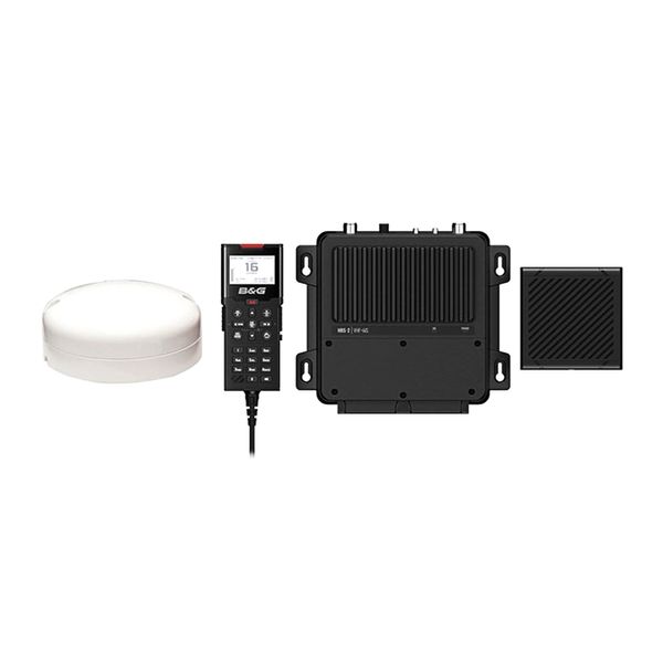 B&G 000-15793-001 V100-B VHF radio system with AIS and GPS-500, black radio box, handset, speaker and white GPS puck