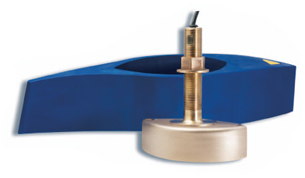 Airmar xSonic B275LH-W transducer, 000-13771-001, bronze thru-hull body with a long stem sitting in a blue fairing