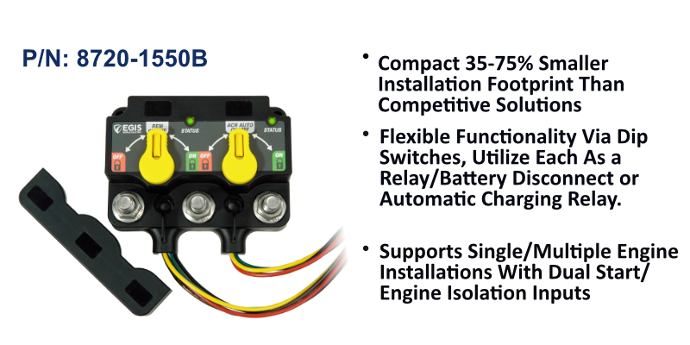 EGIS XD Dual Flex 2 8720-1550 500A relay with two yellow knobs, tinned wires, and feature text beside it