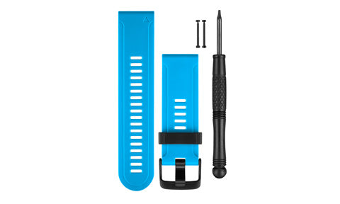 Garmin Quatix 010-12168-26 blue watch band, bright blue silicone strap with black buckle and a screwdriver