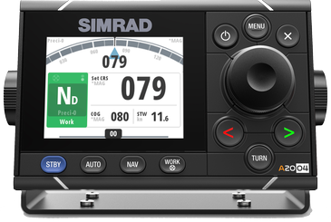 Simrad 000-13895-001 A2004 autopilot control unit, black unit with a colour screen showing heading 079 and a rotary dial
