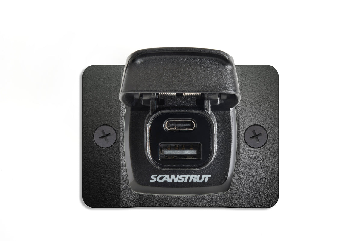 Scanstrut SC-USB-F2 Flip Pro front fit bezel with lid open showing USB-C and USB-A sockets