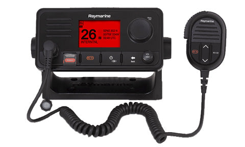 Raymarine E70516 Ray63 VHF with integrated GPS, black radio with red display showing channel 26 and a coiled handset