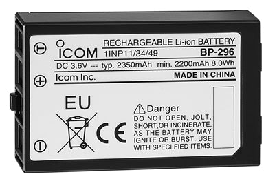 Icom BP-296 battery, black rechargeable Li-ion battery with a white label printed BP-296 and 2350 mAh