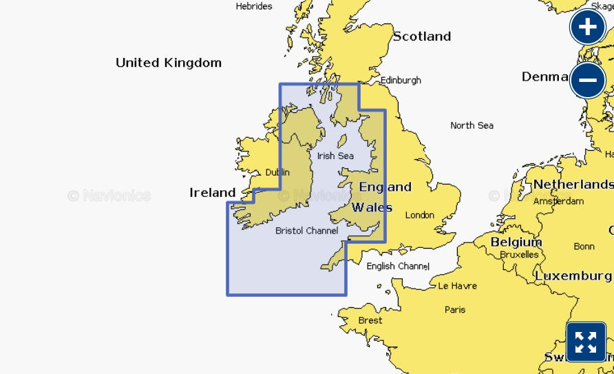 Garmin Navionics+ 010-C1232-20 Irish Sea NSEU004R coverage, selection over Ireland, Wales and north-west England