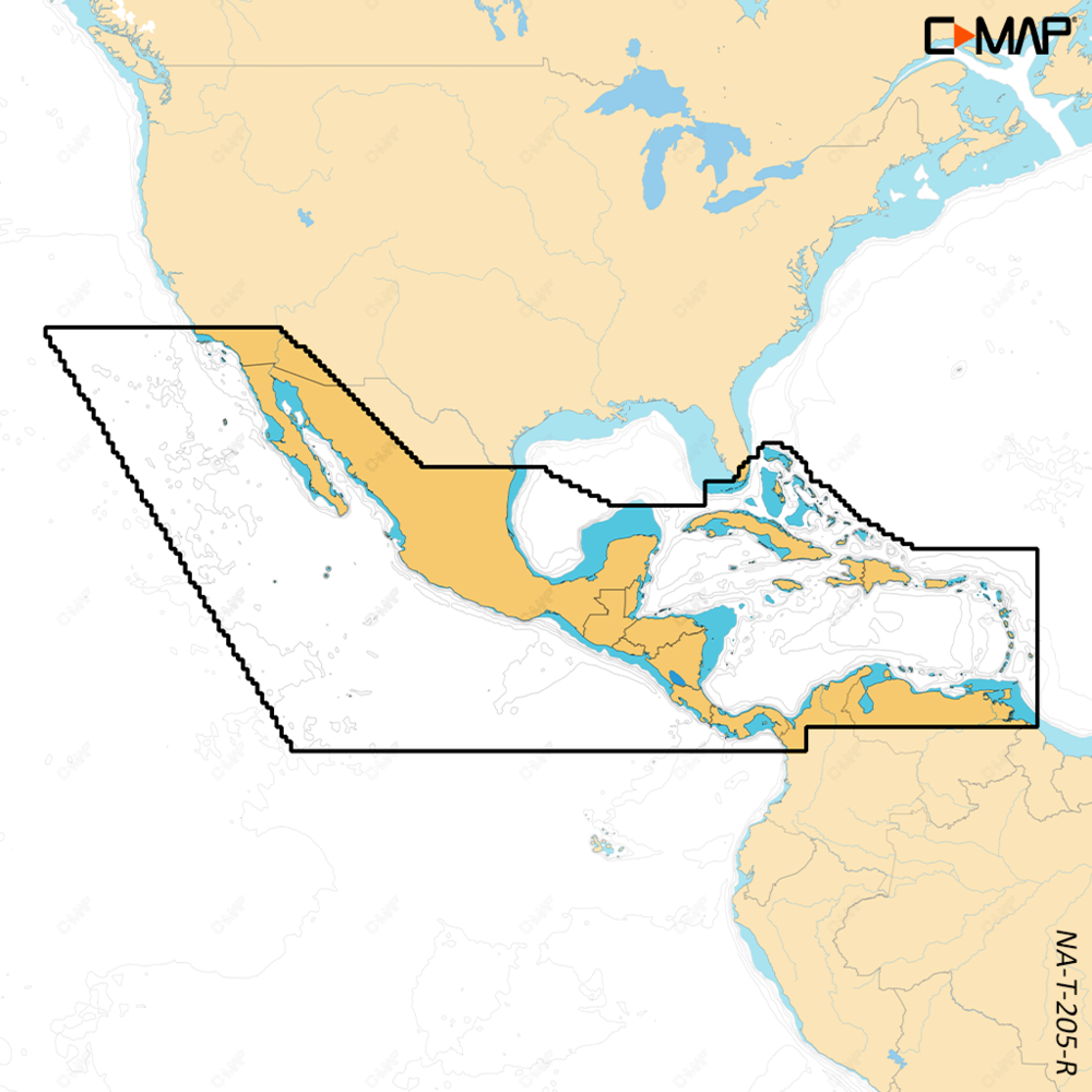 C-MAP Reveal X chart coverage map M-NA-T-205-R-MS, outline over Central America, Gulf of Mexico and Caribbean