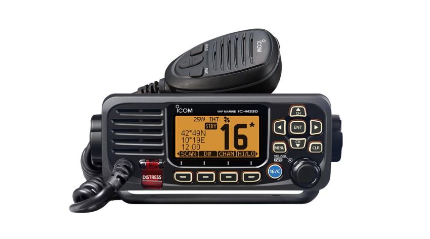 Icom IC-M330GE compact VHF and DSC marine radio, black set with an orange display showing channel 16 and a microphone