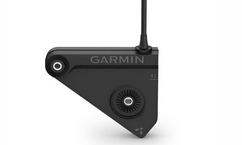 Garmin Panoptix LiveScope LVS12 010-02143-00 transducer, black triangular housing with Garmin lettering, cable up