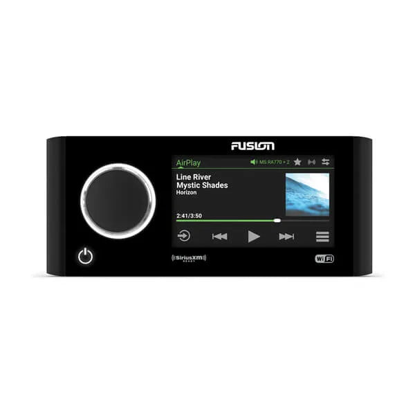 Fusion Apollo RA770 010-01905-00 marine stereo, front view of black unit with dial and album art display
