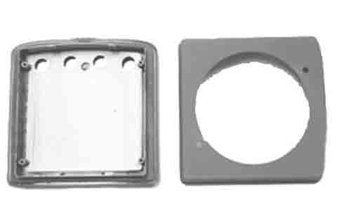 Raymarine A25003-P ST60 Plus flush mount kit, grey square mounting frame beside a grey round-cut spacer plate