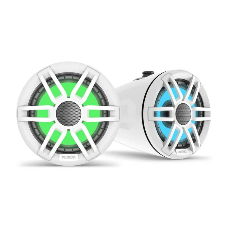 Fusion XS 010-02583-00 6.5in 200 watt sports white wake tower speakers, pair lit green and aqua