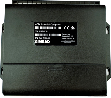 Simrad AC70 autopilot computer 000-10186-001, black box with CE label showing part number, front view