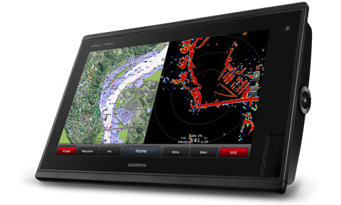 Garmin GPSMap 7416xsv J1939 010-01402-12 16 inch touchscreen display with chart and red radar overlay
