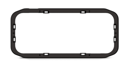 Fusion 010-12753-00 panel-stereo accessory mounting spacer, black rectangular frame with screw holes, top view