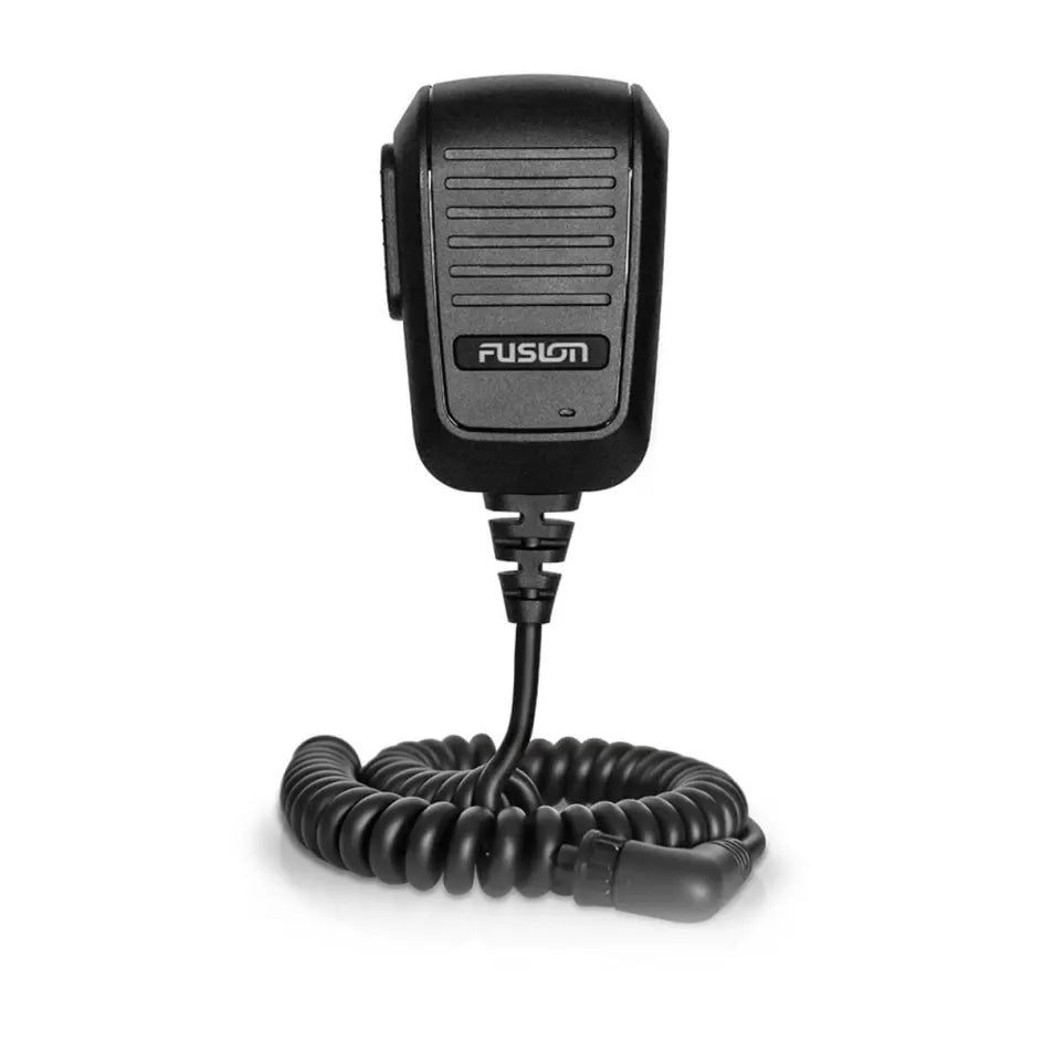 Fusion 010-13014-00 handheld microphone, black fist microphone with coiled lead and Fusion lettering