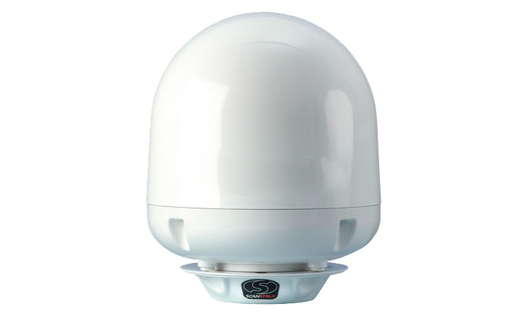 Scanstrut SC45R satcom antenna mount fitted beneath a white satellite dome, front view on white