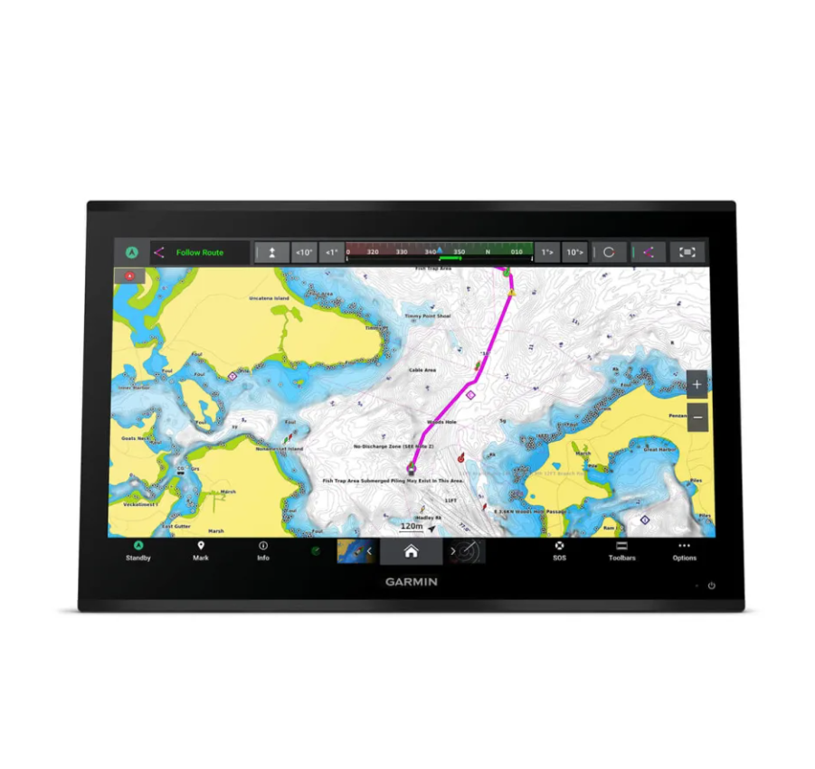 Garmin GPSMAP 9027 010-02676-00 premium chartplotter, front view of chart with magenta route