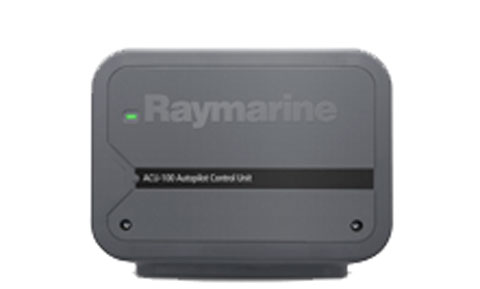 Raymarine E70098 ACU-100 actuator control unit, front view of dark grey box with green light and Raymarine lettering