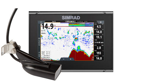 Simrad GO7 XSR 000-14446-001 7 inch display showing sonar screen, with HDI transducer and cable at left