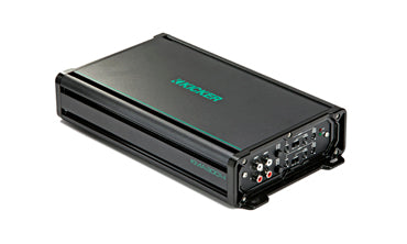 Kicker KM Marine 300W 4 channel full-range amplifier, KA45KMA3004, black amplifier with a teal Kicker logo and end connectors