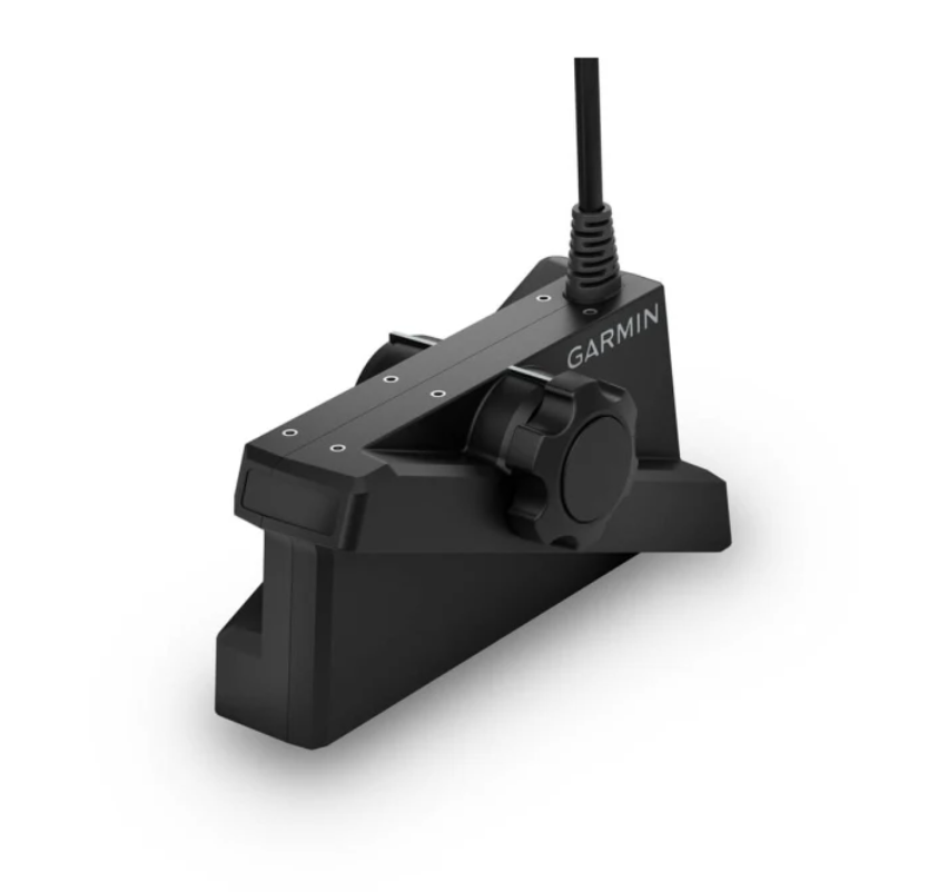 Garmin LiveScope XR LVS62 010-02719-10 transducer only, black housing with large knob, front angled view