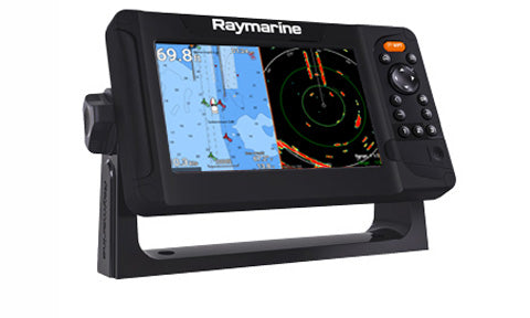 Raymarine E70531 Element 7 S chartplotter with CHIRP sonar, front view of black display showing chart and radar