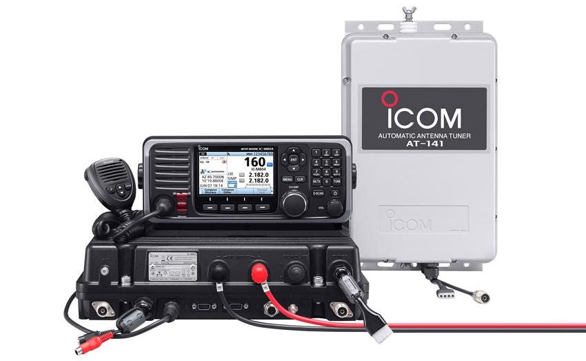 Icom IC-M804 MF/HF SSB transceiver with microphone and AT-141 automatic antenna tuner, red and black power leads