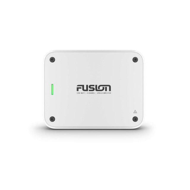 Fusion Apollo 010-02284-45 4 channel marine amplifier, white box with green LED and Fusion logo