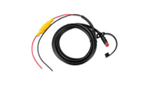 Garmin Echo series power cable 010-11678-10, black coiled lead with yellow inline fuse, red and black wires