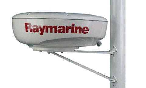 Scanstrut M92698 mast mount carrying a Raymarine radome, white angled support arm fixed to a vertical mast, side view