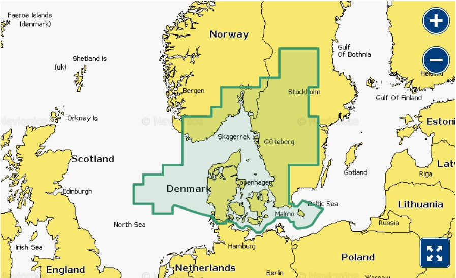 Garmin Navionics+ 010-C1245-20 Oslo to Trelleborg NSEU042R coverage, green selection over Denmark and Sweden