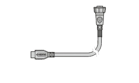 Raymarine A80219 gS-Series video out accessory cable, line drawing of a cable with a round plug and an HDMI-style plug