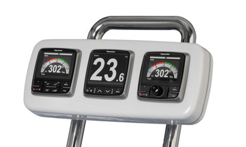 Scanstrut SPH-4XI-W helm pod with stainless guard housing three Raymarine instruments, front view
