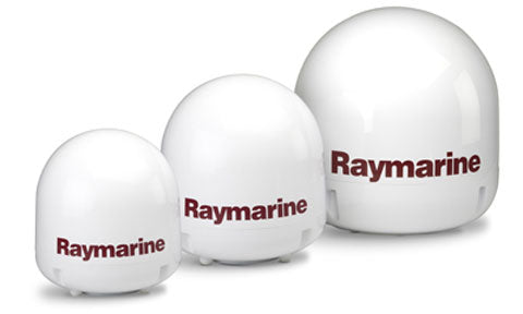Raymarine E42172 33STV empty dome and baseplate, three white satellite domes of different sizes with Raymarine lettering