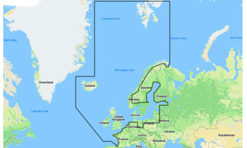 C-Map EN-Y050 Continental North Europe coverage outline spanning Scandinavia, the North Sea and the Baltic